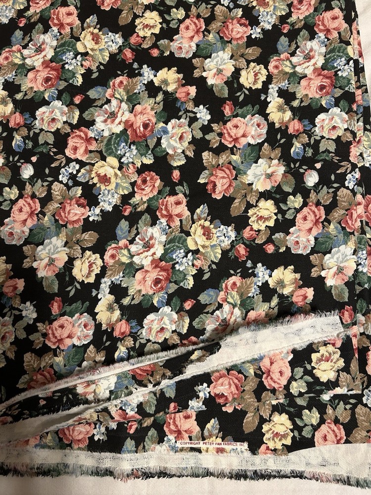 Peter Pan Fabrics Florals Black Chintz Cotton Fabric 60”x 3 Yards Vintage