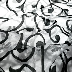 Elegant Black Swirls Filigree Vines Flocked Organza Fabric 58″ By The Yard