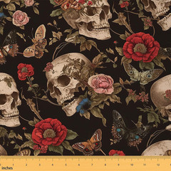 Sugar Skull Rose Decorative Fabric, 3 Yards, Red, Polyester, Floral, Upholstery