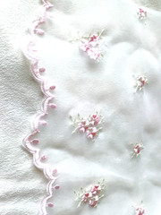 Tulle Fabric Panel, Embroidered Pink Flowers on Semi Sheer Organza; 44 x 88 in