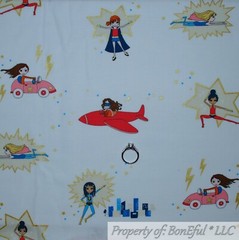 BonEful FABRIC FQ Cotton Quilt VTG White Red Blue Super*Hero Girl Face Mask Cape