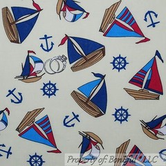 BonEful Fabric FQ Cotton Quilt Yellow Red White Blue Ocean Sail Boat Anchor USA