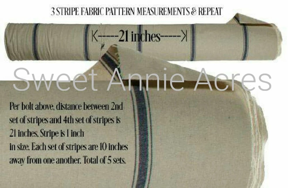 Grain Sack | Feed Sack Fabric | Blue 3 Stripe | Beige Background | 54″ Wide