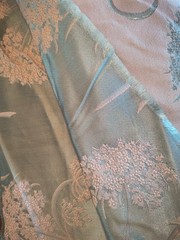 5 YARDS VINT 1940’S COTTAGE CORE DAMASK BROCADE FABRIC PINK FLOWERS ON BLUE EUC