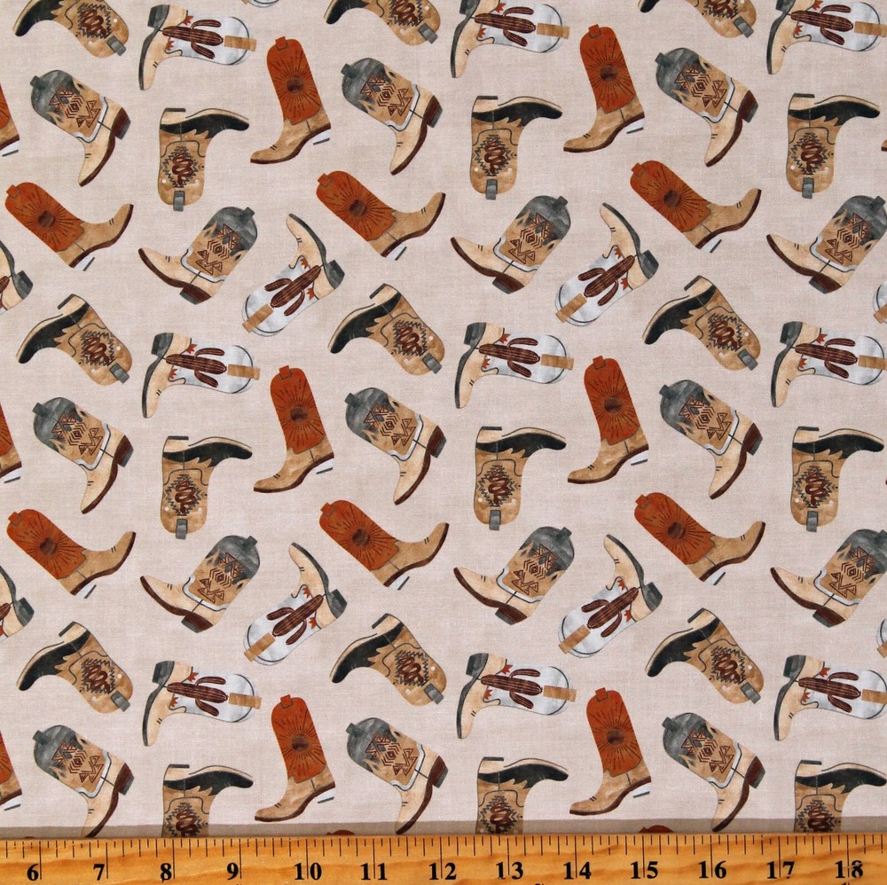 Cotton Cowboy Boots Southwestern Western Boho Fabric Print by the Yard D463.71