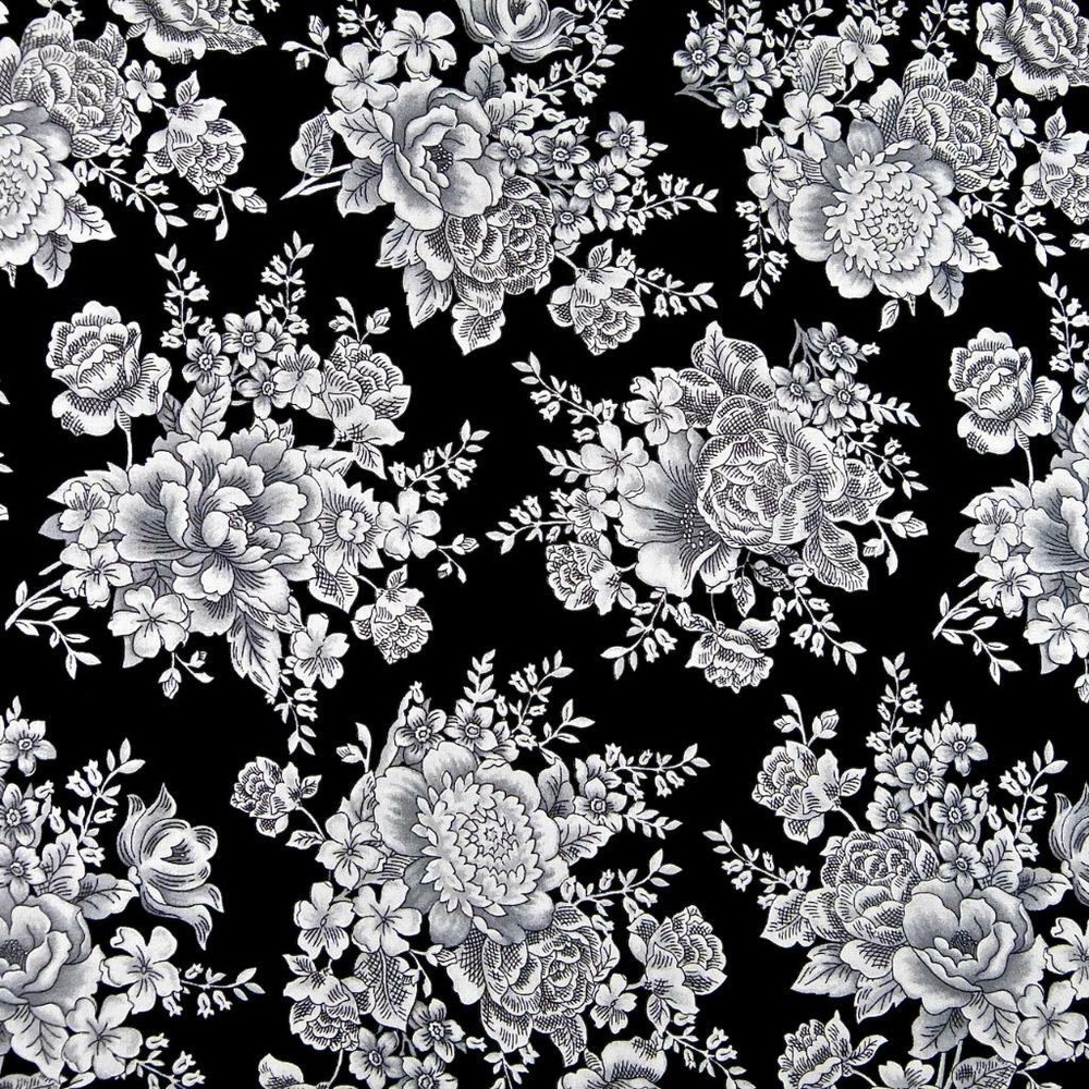 Gray, Black & White Rose Bouquets on Black, Henry Glass Cotton, BTHY or BTY