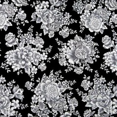 Gray, Black & White Rose Bouquets on Black, Henry Glass Cotton, BTHY or BTY