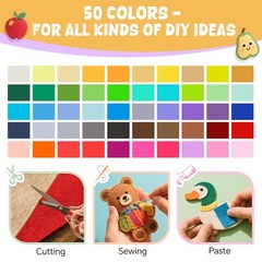 50 PCS Felt Sheets Crafts Thread 4×4 Inch Fabric Assorted Colors 1mm Stiff