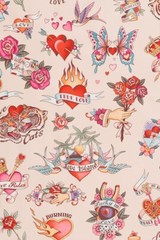 Alexander Henry Tattoo Love Rose Tiger Pink VINYL LAMINATE Upholstery Food Safe
