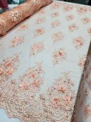 Peach 3D Floral Lace Fabric with Pearls & Scalloped Mesh by the Yard