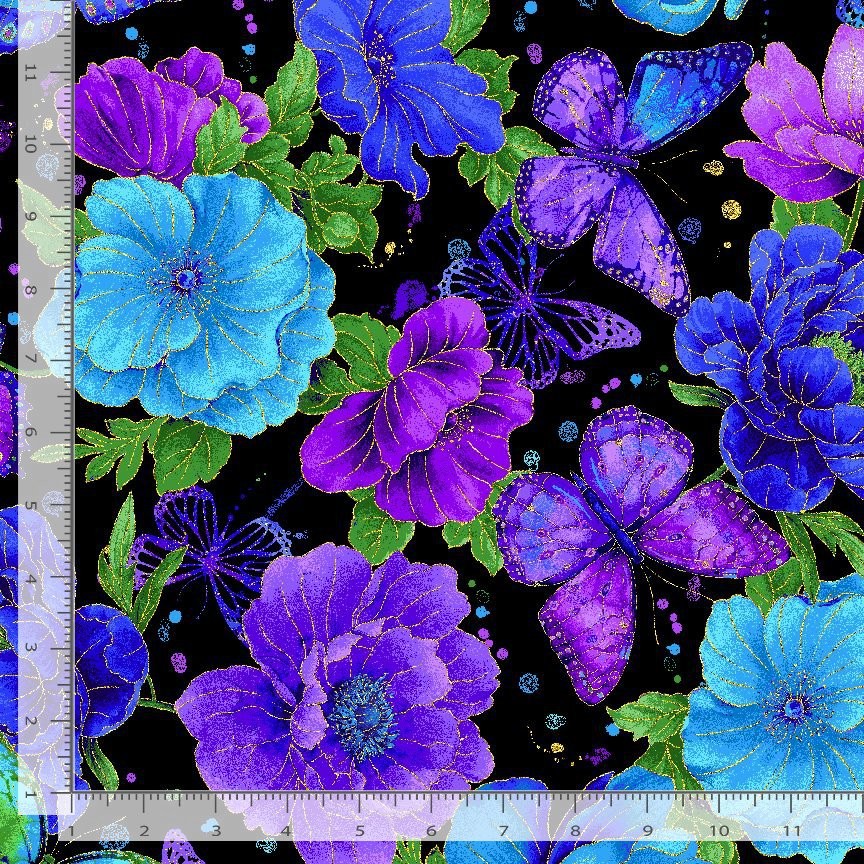 Evening Glow Fabric | Purple Blue Floral Butterfly | Timeless Treasures YARD