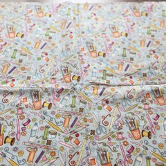 Beth Logan Blue Sewing Craft Art Sewing Theme Screen Print Fabric 43″ x 46″ NOS