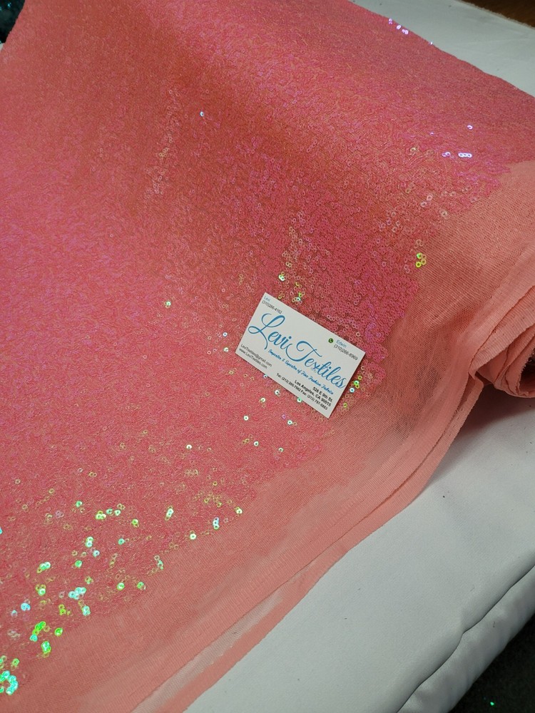 Iridescent Neon Coral Glitz Sequin Fabric / 3mm Sequin on Poly Mesh – Sold BTY