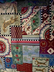 VTG Moroccan Patchwork Tiles w/Jungle Animals Gold Accents Cheater Quilt BTHY