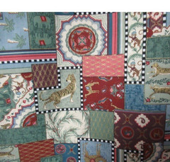 VTG Moroccan Patchwork Tiles w/Jungle Animals Gold Accents Cheater Quilt BTHY