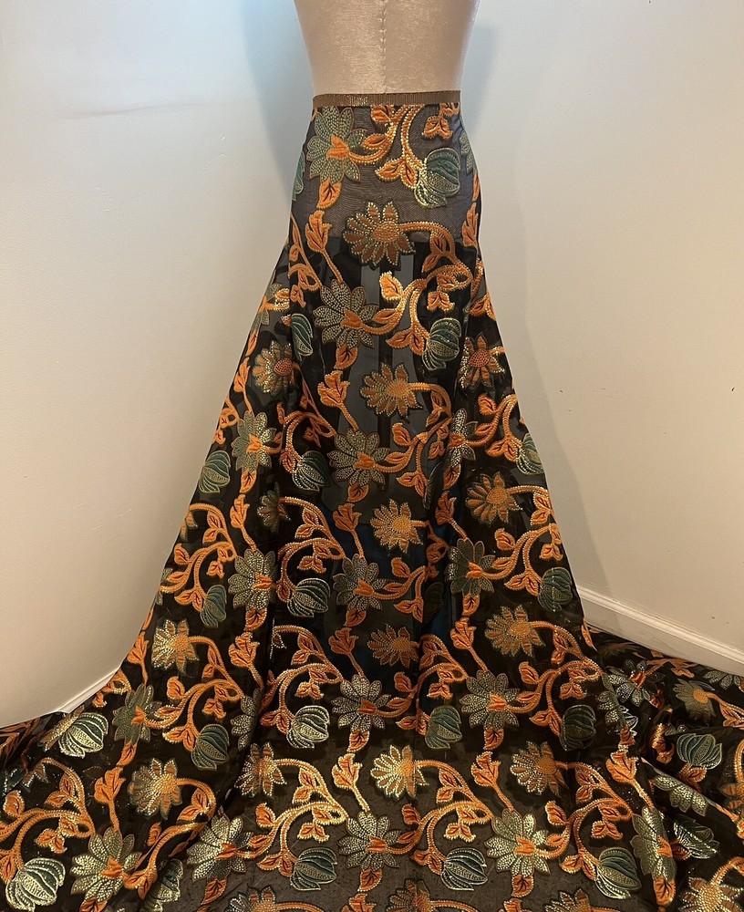 ORANGE GOLD BLACK Metallic Brocade ORGANZA Fabric 58” Width Sold By The Yard