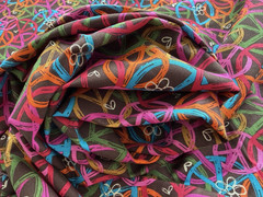 Groovy Peace Symbols Fabric; Brown with Orange, Pink, Green, Red, Yellow. BTHY