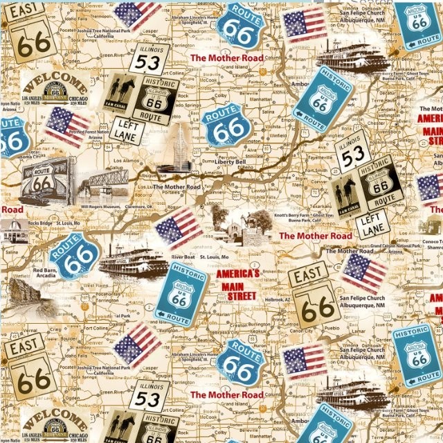 BTY Timeless Treasures The Mother Road Route 66 Map Cotton Fabric By Yard CD3060