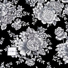 Gray, Black & White Rose Bouquets on Black, Henry Glass Cotton, BTHY or BTY