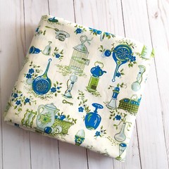 Vintage Kitchen Kitschy Cotton Fabric Cream Blue Green Pot Pan Bell Teacup 4 yds