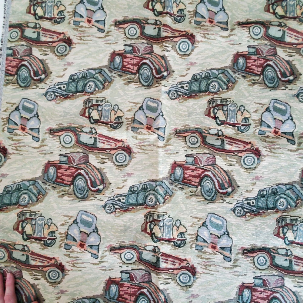 Vintage Cars Print Upholstery Fabric Unbranded Multicolored Green 36″L x 60″W