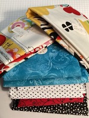 Lot of 10 Coordinating Fabric Scraps Bright Colors Sewing Theme Black Red Blue