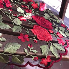 Iris RED Floral and Leaves Embroidery on BLACK Mesh Lace Fabric by the Yard – 1