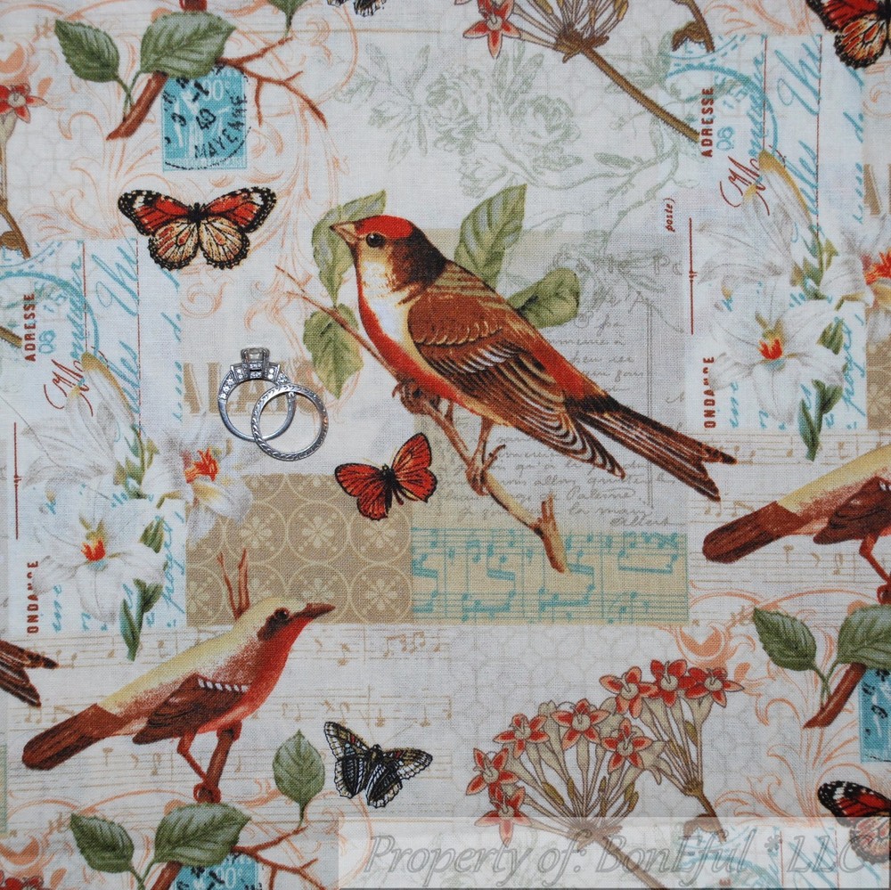 BonEful Fabric FQ Cotton Quilt BIRD Butterfly Tree Branch Spring Scenic Flower L