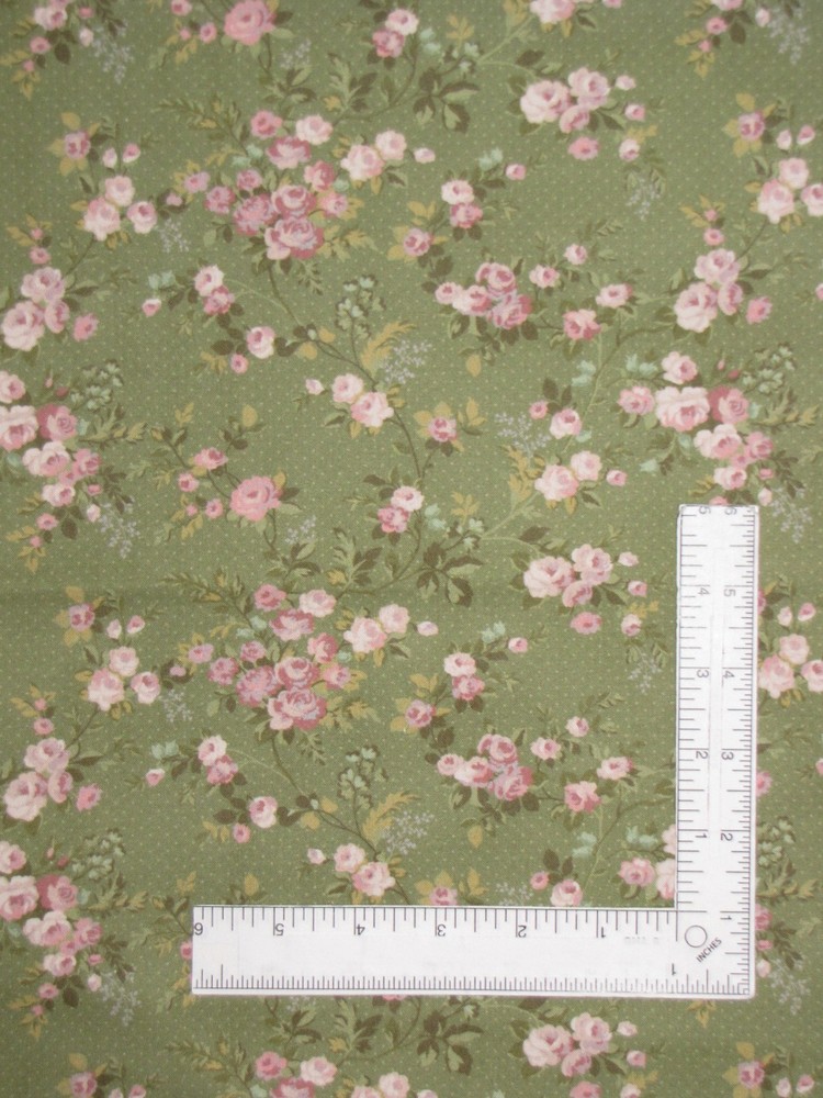 Floral Rose Green Fabric By The Yard First Blush Berringer Marcus Fabrics Cotton