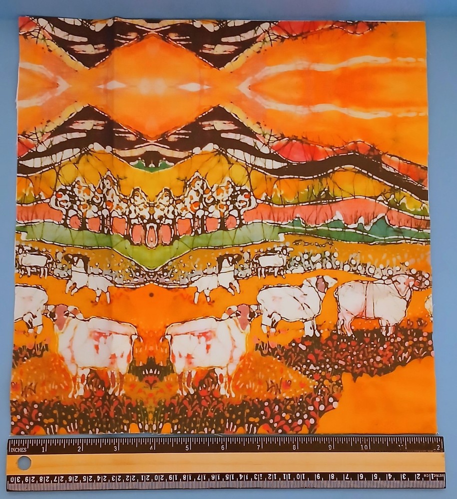 Carol Law Conklin Batik Cotton Fabric Panel Sheep on Sunny Summer Day 12×12