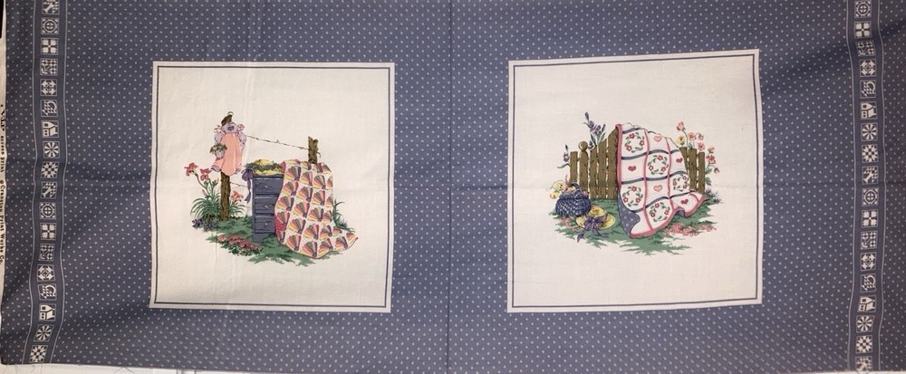 Quilt Scene 2 Block Panel Stone Blue Border Fan Quilt Applique Blocks Fabric 17″