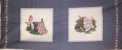 Quilt Scene 2 Block Panel Stone Blue Border Fan Quilt Applique Blocks Fabric 17″