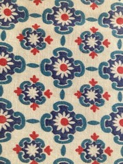 Blue Green Medallions Red Accents on White Very Vintage Cotton Fabric 30″ x 37″W