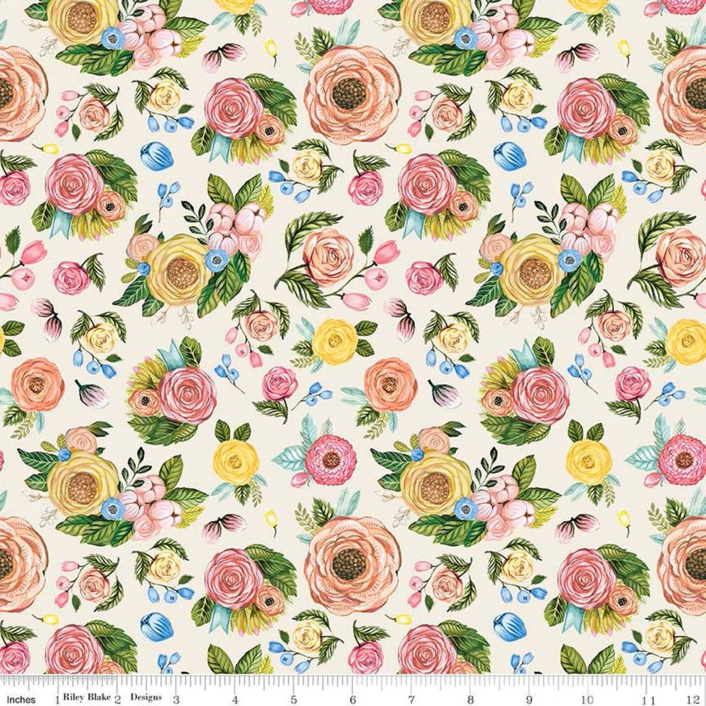 SWEET SPRING FLORAL ~ Ivory Background ~ Riley Blake ~ Lovely Pink Yellow Roses
