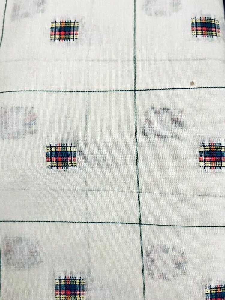 VTG Woven Red Green Yellow Plaid Squares on White Semi Sheer BTHY 60″ X 18″