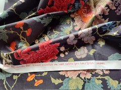 Vtg LEE JOFA CH’IEN LUNG Hand PRINT PEONY CHINOISERIE JACOBEAN FABRIC Navy Zepel