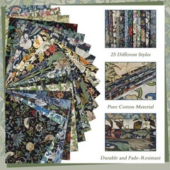 25 Pcs William Morris Cotton Fabric Squares, 10 x 10 Inch, Floral