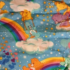 Care Bears Cartoon Print Fabric Blue Rainbow Clouds 44″ W x 89″ L NWOT Vintage