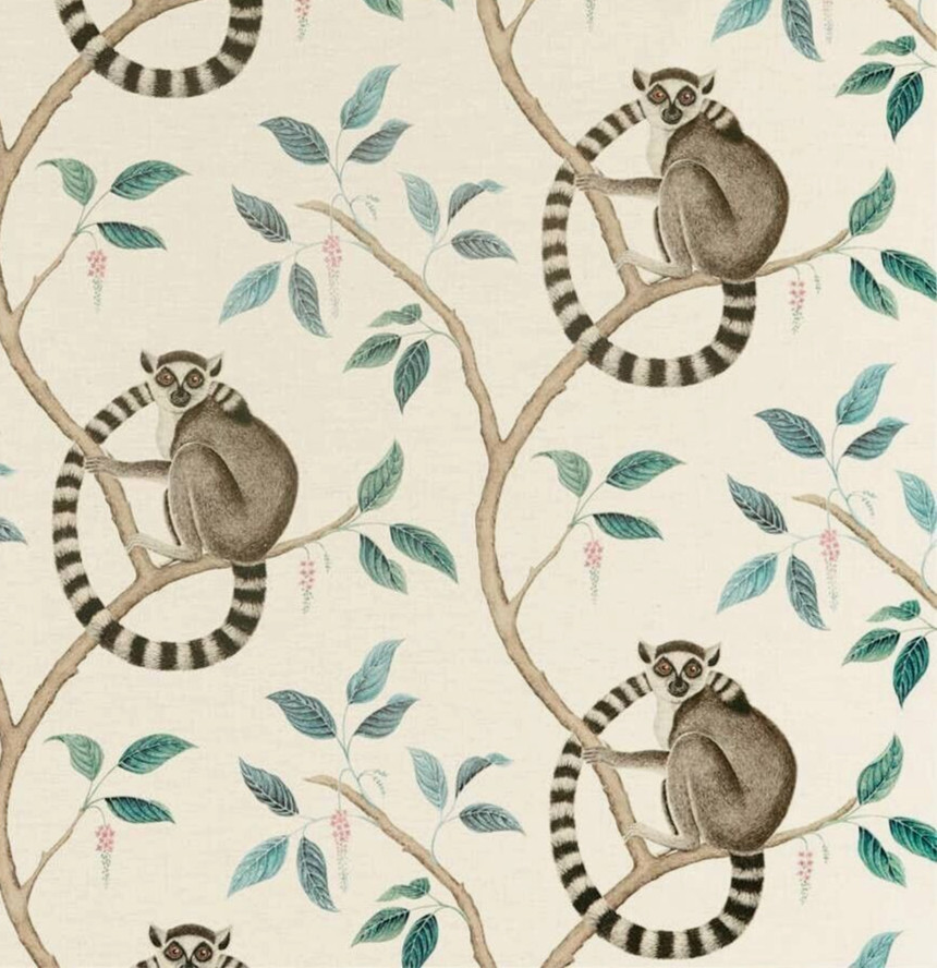 SANDERSON CURTAIN FABRIC DESIGN Ringtailed Lemur 2 METRES GREY LINEN BLEND