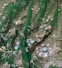 Green Gold Silver Embroidery Rhinestone Beads Lace Fabric 50” Width 1 Yard