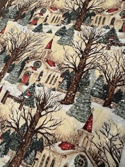 SUSAN WINGET Winter Church Scenic SNOW FALLING Bare TREES Red Cardinals BTY 44″W