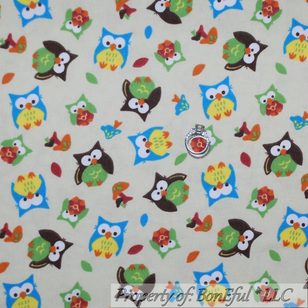 BonEful Fabric FQ Flannel Cotton Quilt Brown Blue Green Yellow OWL Mushroom Bird