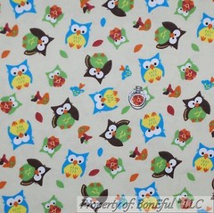 BonEful Fabric FQ Flannel Cotton Quilt Brown Blue Green Yellow OWL Mushroom Bird