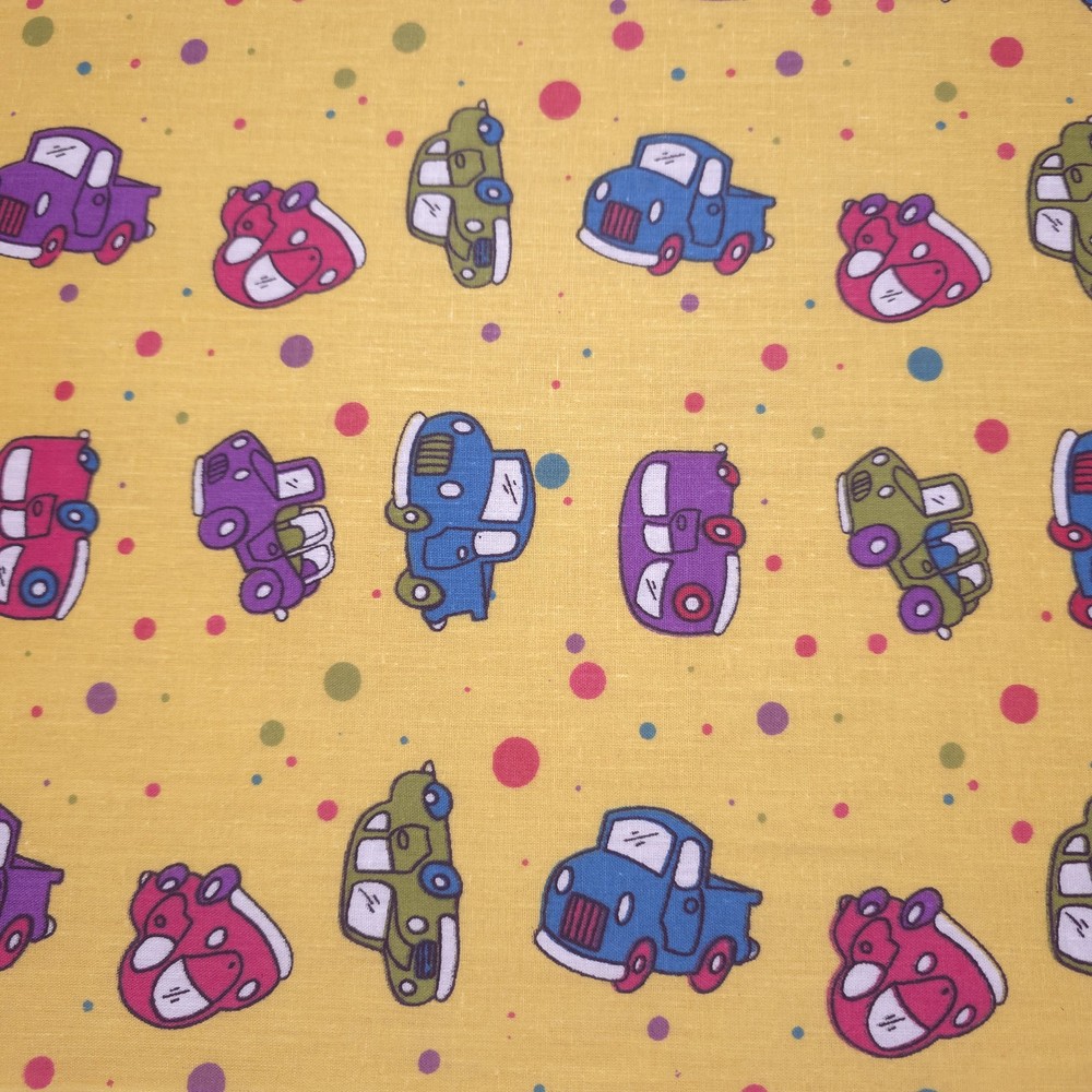 Retro Vintage Cars Polka Dot Yellow Poly Cotton Fabric 58″ By The Yard
