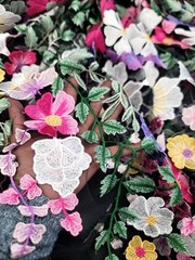 Multicolor Embroidery Pink Yellow 3d Floral Lace Fabric 50” W 1 Yard Black MESH
