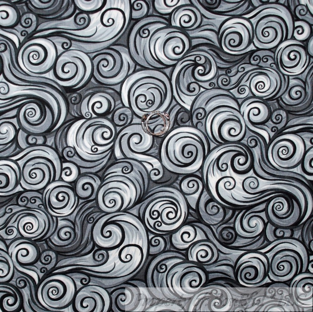 BonEful FABRIC FQ Cotton Quilt Black Gray White Scroll Swirl Dark Night Sky Sale