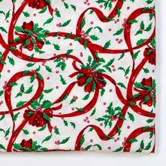 Quilting Cotton Fabric Christmas Red Ribbons Green Holly BTHY Half Yard Red Bows
