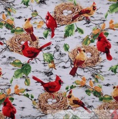 BonEful Fabric FQ Cotton Quilt Blue White B&W Tree Green Leaf Red Cardinal Bird
