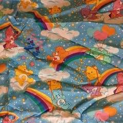Care Bears Cartoon Print Fabric Blue Rainbow Clouds 44″ W x 89″ L NWOT Vintage