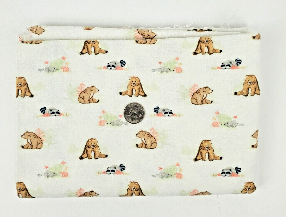 Snuggle Flannel Baby Fabric Bears & Racoons 30″ x 42″ Pre-Shrunk White Brown